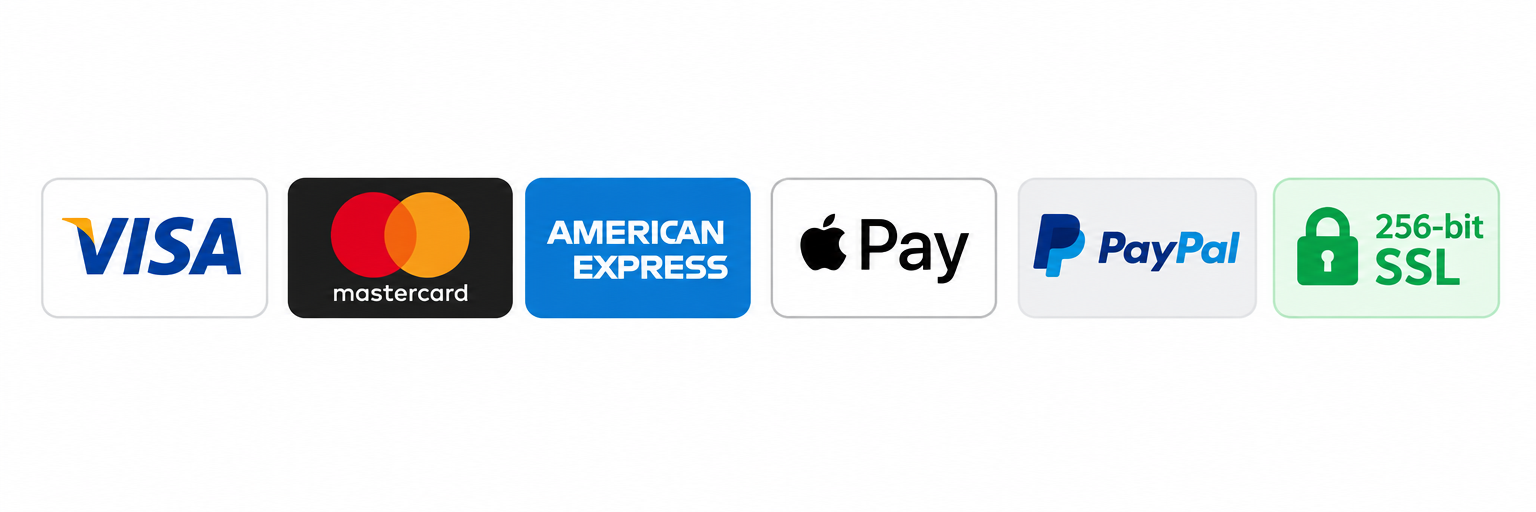Accepted payment methods: Visa, Mastercard, American Express, Apple Pay, PayPal — 256-bit SSL secured