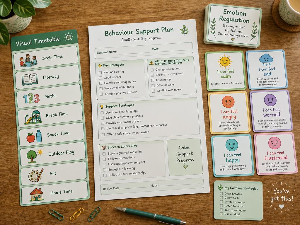 Printed visual timetable, behaviour-support plan and emotion cards from the Printable Toolkit